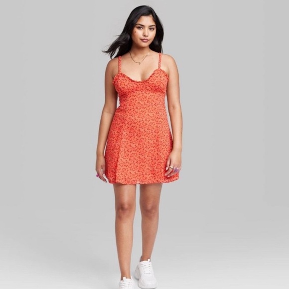 Wild Fable Chiffon Slip Dress Vibrant Orange Floral Size Large Y2K Coquette - Picture 2 of 6